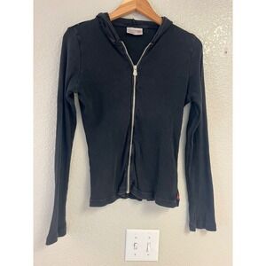 XCVI Wearables Women Black Ribbed Full Zip Hoodie Long Sleeve Top Made in USA L